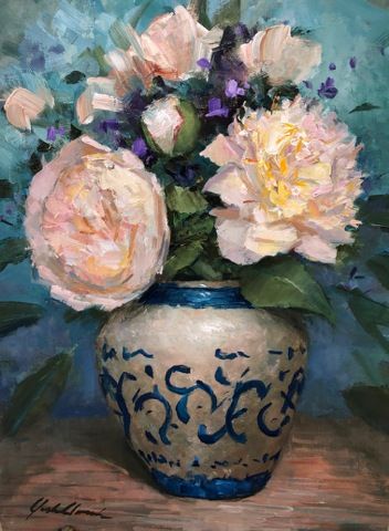 Painted Vase with Peonies 12x9 at Hunter Wolff Gallery